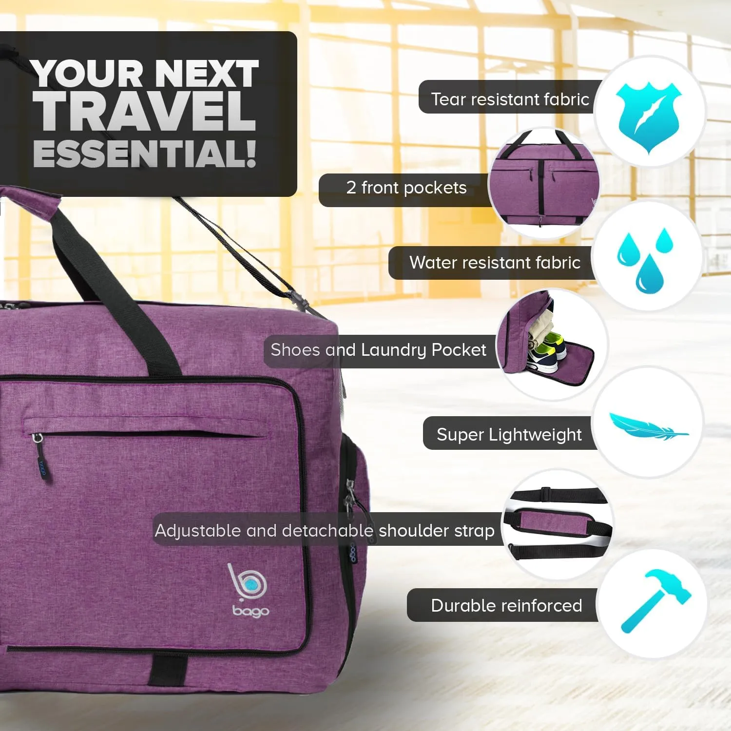 Bago Large Foldable Duffel Bags for Traveling Women & Men - 120L Packable Duffle Bag for Travel with Shoe Compartment - Water Repellant, Heavy Duty, Lightweight Folding & Collapsible (SnowDepPurple)