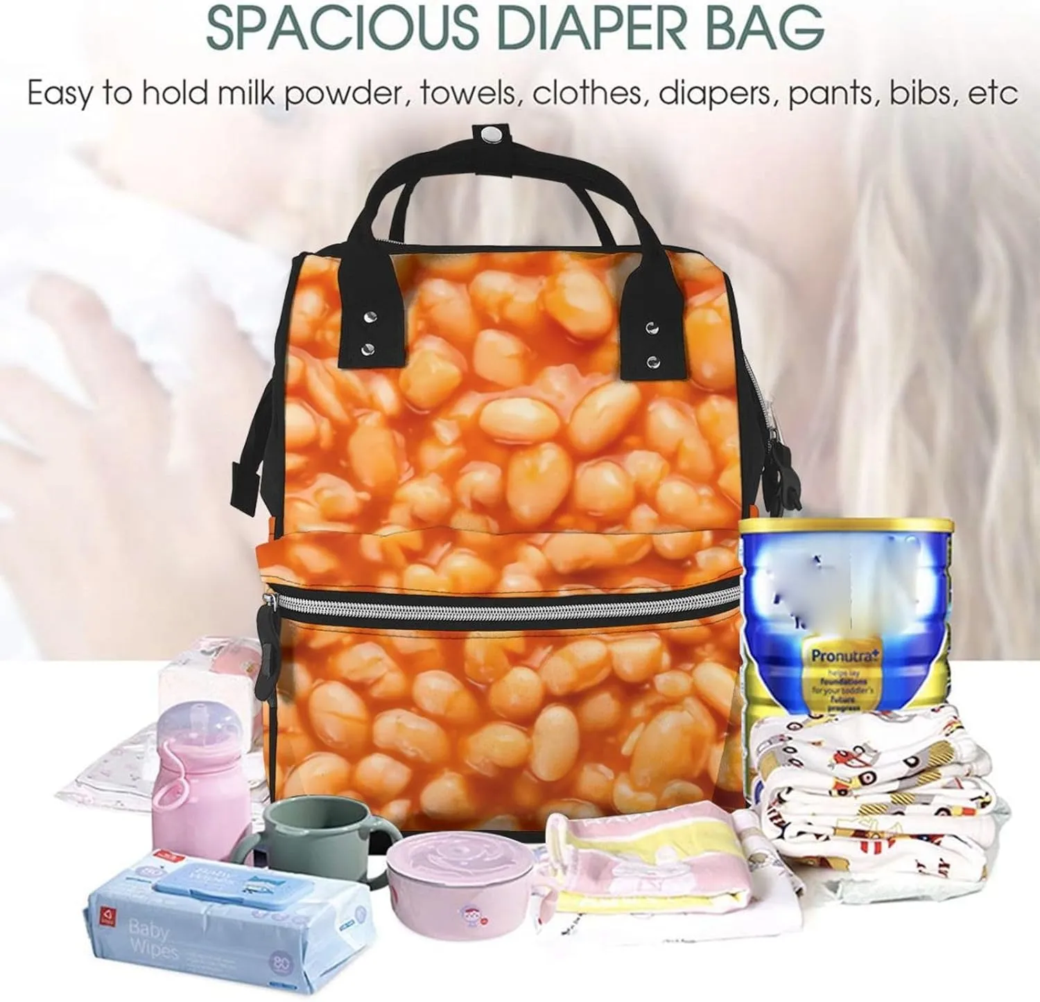 Baked Beans Diaper Bag Backpack For Baby Girls, Mom Waterproof Large Nappy Bags For Women