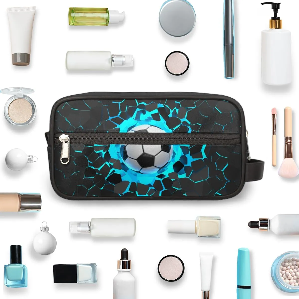 Bardic Travel Toiletry Bag for Boys Men, Waterproof Hanging Dopp Kit for Women, Shaving Bag with Large Capacity for Travel,Sports Shower (Soccer 3D Blue)