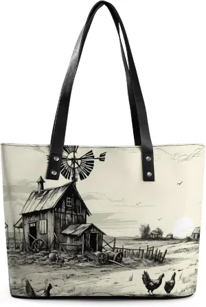 Barn Farmhouse Chick Animals Leather Handbags for Women Shoulder Tote Crossbody Travel Purses with Zippered