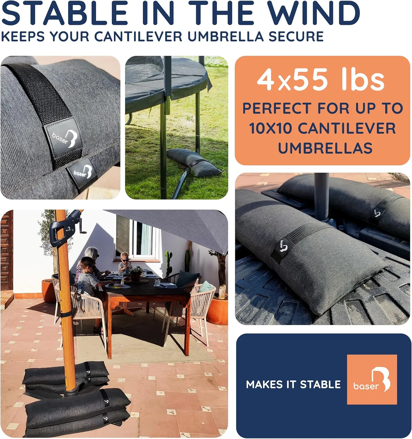 Baser Fillable Straight Weight Bags 4 x 55 LBS fillable for Patio Umbrellas, Cantilevers and Garden Accessories