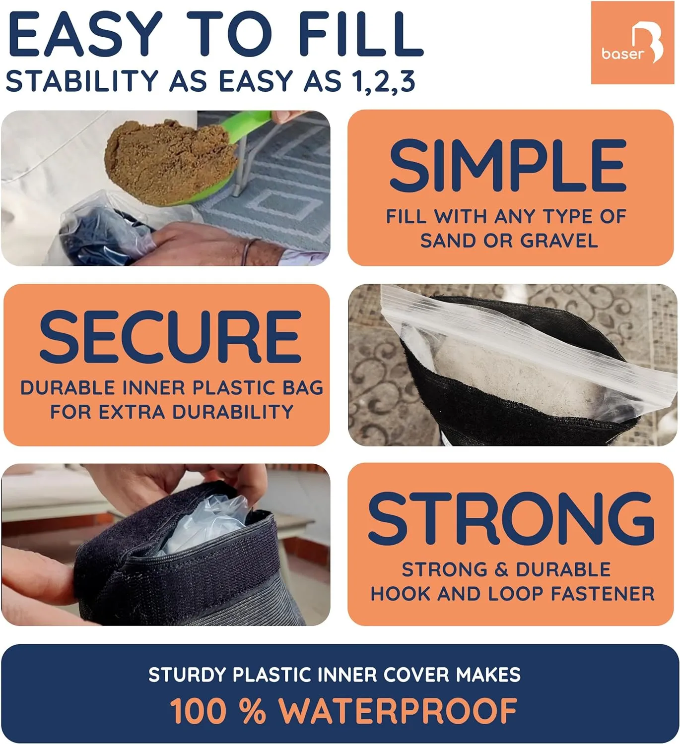 Baser Fillable Straight Weight Bags 4 x 55 LBS fillable for Patio Umbrellas, Cantilevers and Garden Accessories