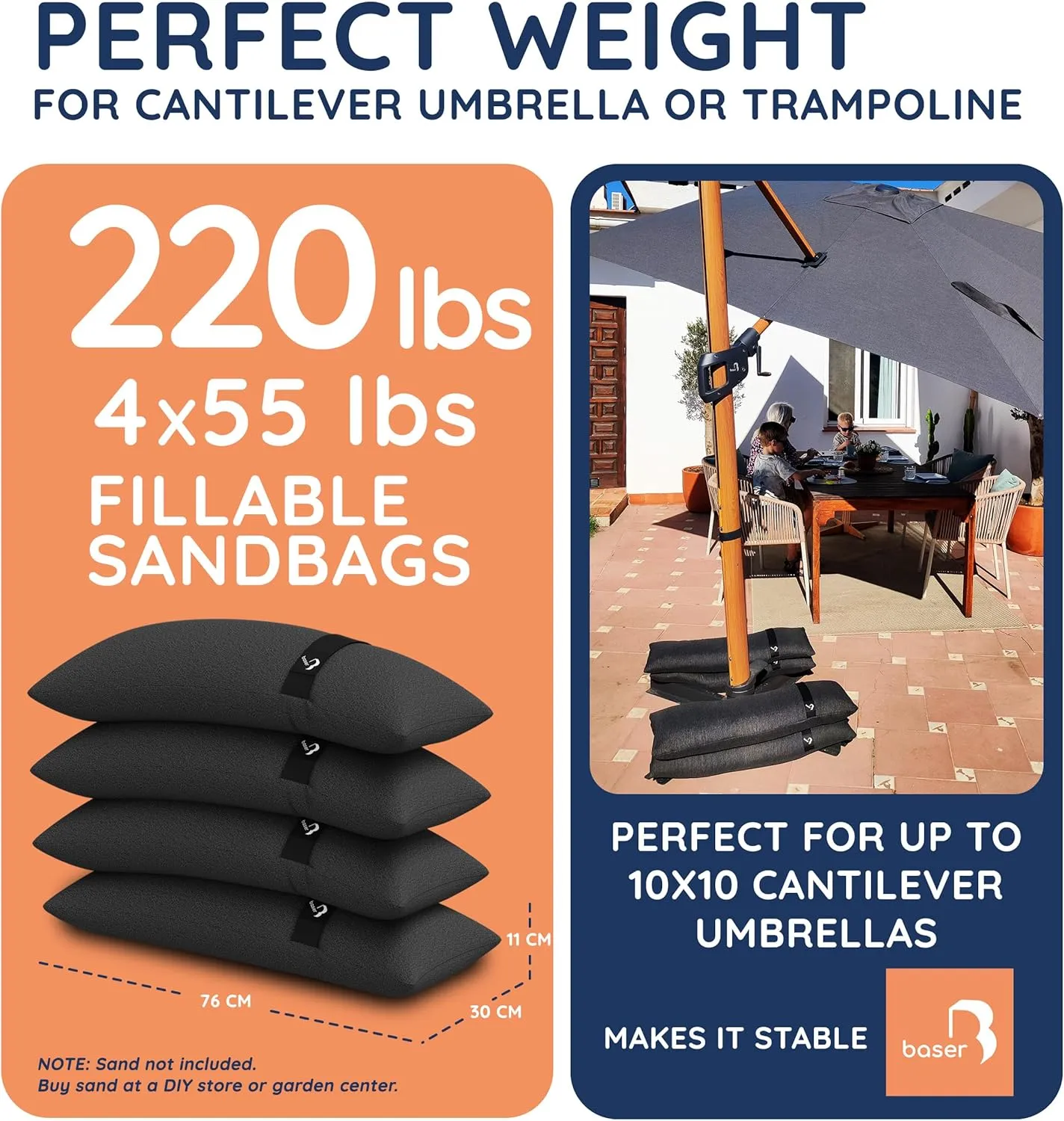 Baser Fillable Straight Weight Bags 4 x 55 LBS fillable for Patio Umbrellas, Cantilevers and Garden Accessories