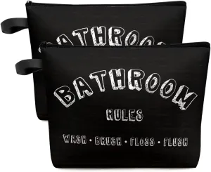 Bathroom Rules Wash Brush Floss Flush Cosmetic Bags for Women, Black Wooden Strieps Grain Small Makeup Bag for Purse, Waterproof Travel Toiletry Bag Accessories Organizer, 2PCS