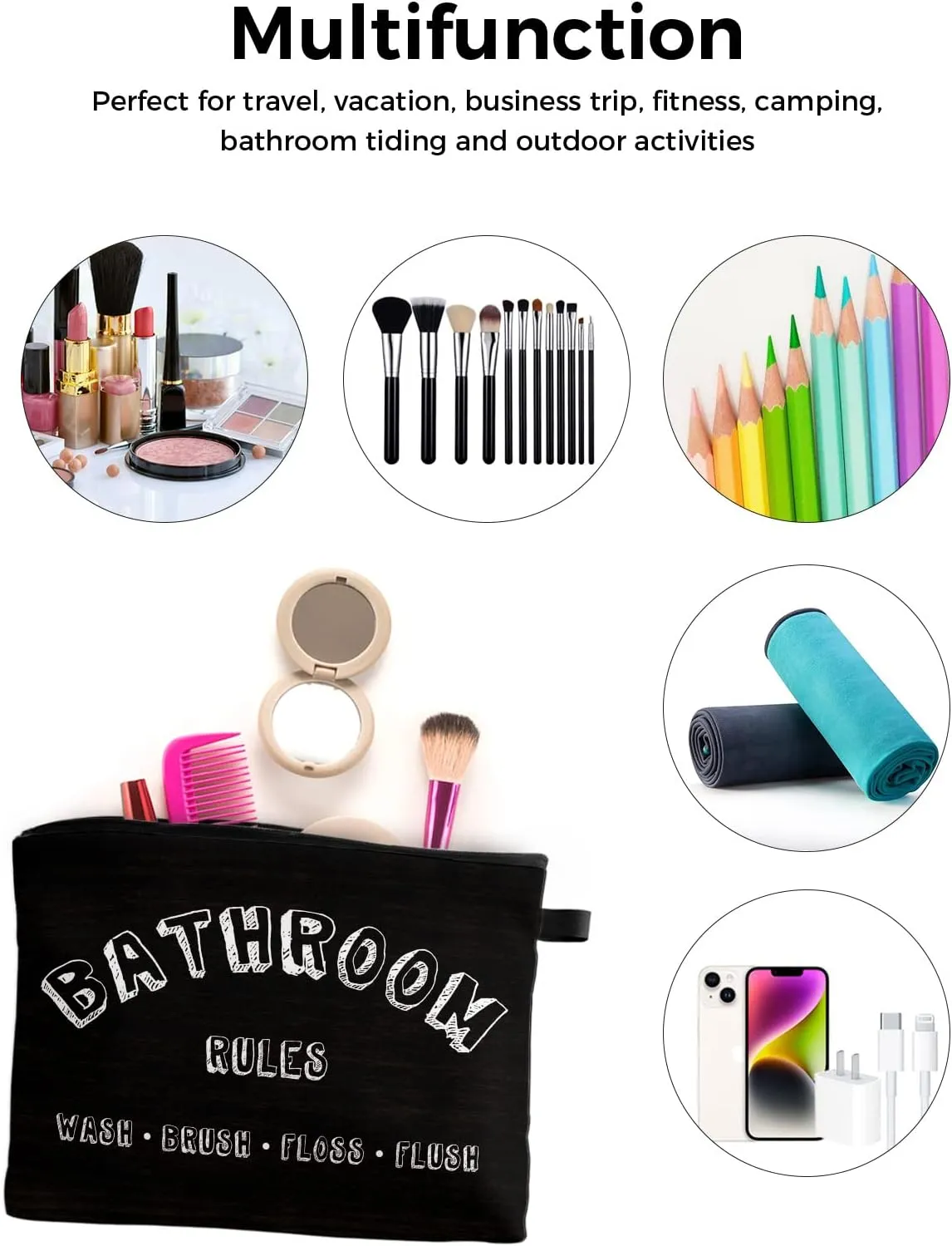 Bathroom Rules Wash Brush Floss Flush Cosmetic Bags for Women, Black Wooden Strieps Grain Small Makeup Bag for Purse, Waterproof Travel Toiletry Bag Accessories Organizer, 2PCS