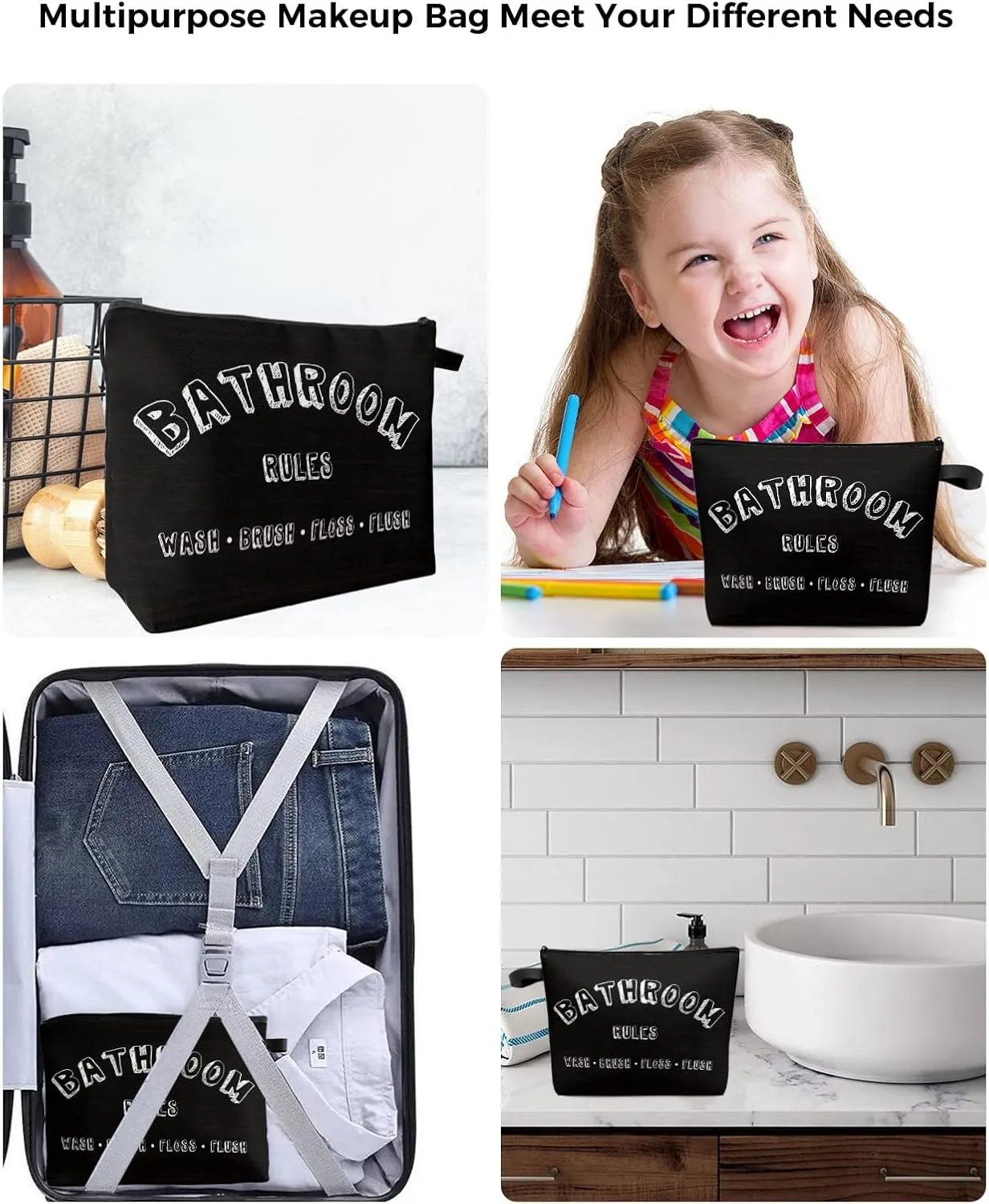 Bathroom Rules Wash Brush Floss Flush Cosmetic Bags for Women, Black Wooden Strieps Grain Small Makeup Bag for Purse, Waterproof Travel Toiletry Bag Accessories Organizer, 2PCS