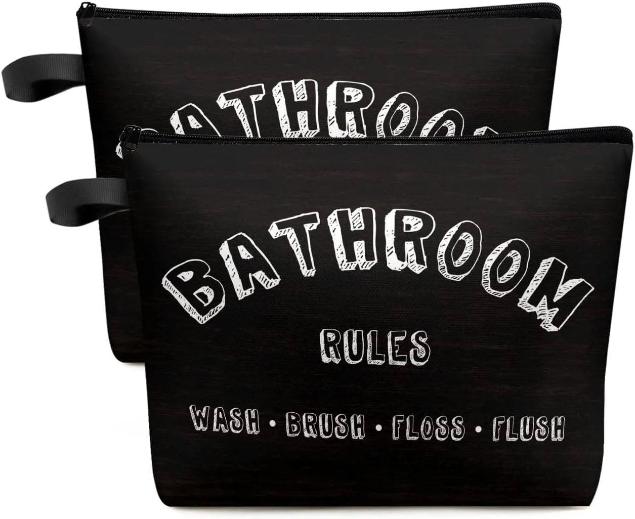 Bathroom Rules Wash Brush Floss Flush Cosmetic Bags for Women, Black Wooden Strieps Grain Small Makeup Bag for Purse, Waterproof Travel Toiletry Bag Accessories Organizer, 2PCS