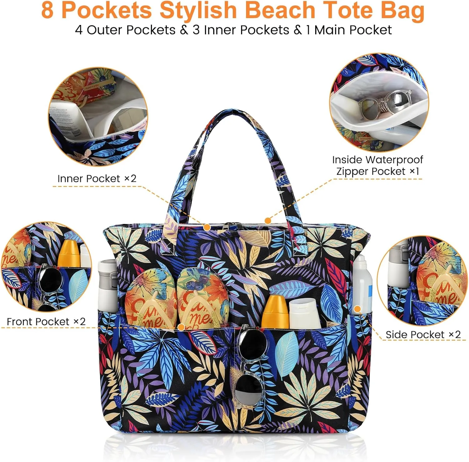 Beach Bags for Women Waterproof Sandproof Women Tote Bag, Large Beach Bag with Zipper for Gym Travel Vocation