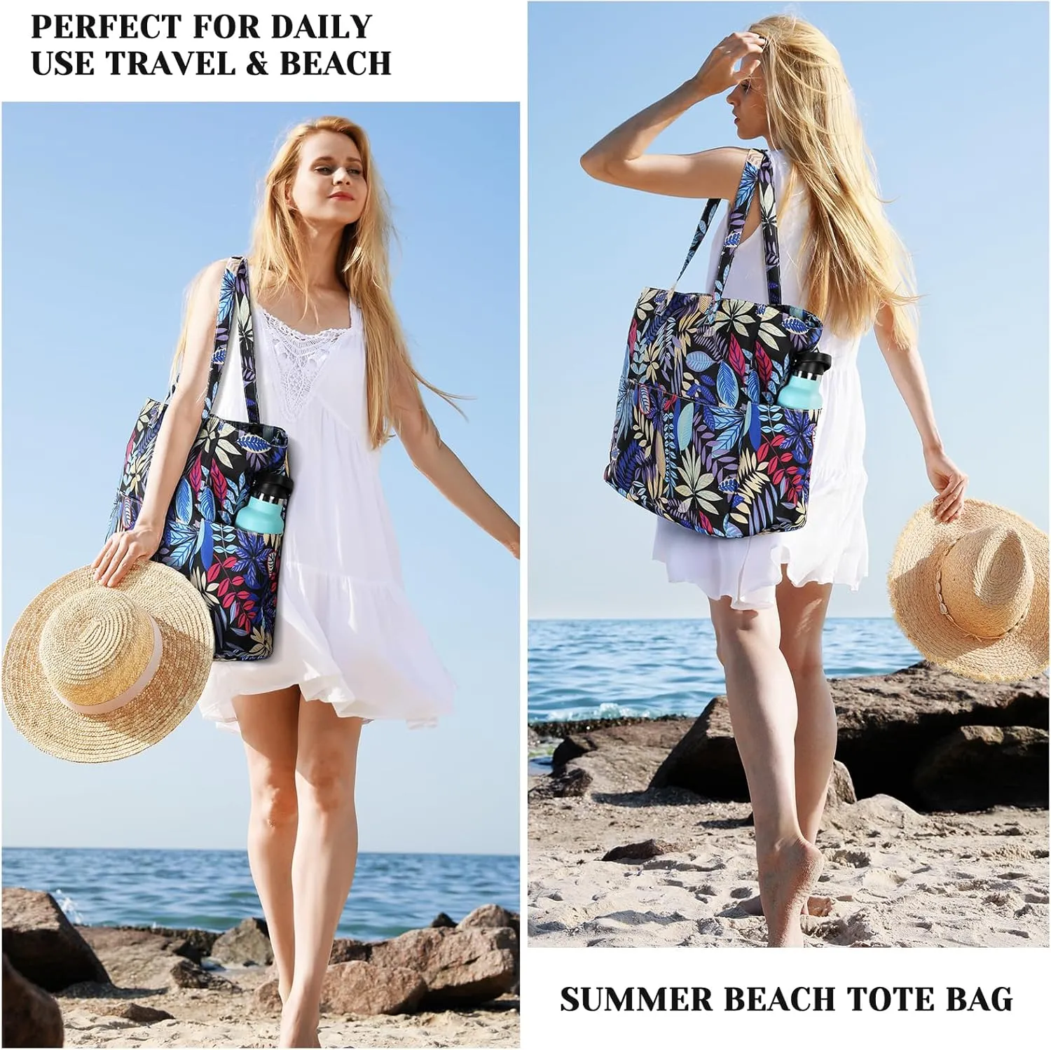 Beach Bags for Women Waterproof Sandproof Women Tote Bag, Large Beach Bag with Zipper for Gym Travel Vocation