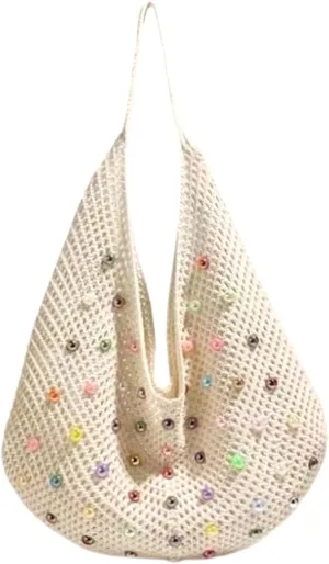 Beach Crochet Bag for Women, Aesthetic Hobo Mesh Woven Tote Simple Modern Trendy Bags for Summer Vacation Picnic Travel