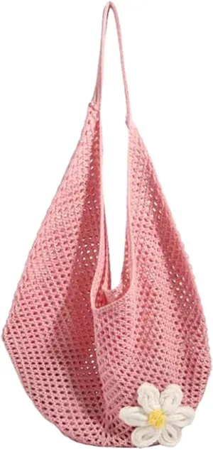 Beach Crochet Bag for Women, Aesthetic Hobo Mesh Woven Tote Simple Modern Trendy Bags for Summer Vacation Picnic Travel