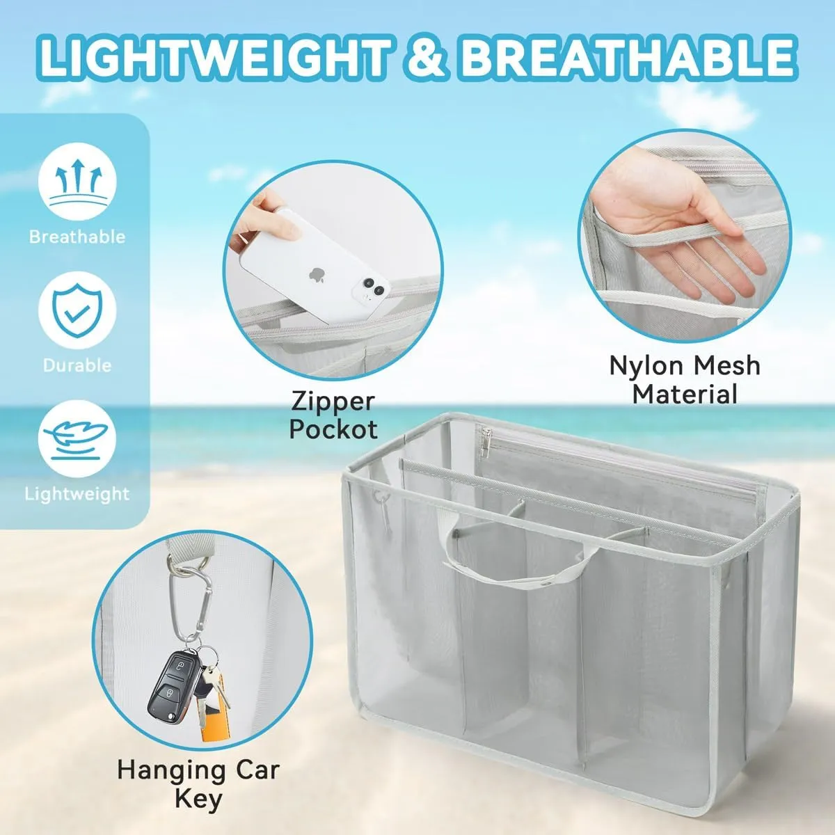 Beach Handbag Organizer Inserts Compatible with Medium Bogg Bag Accessories, Lightweight Mesh Divider Pouch for Tote Bag (Gray, Medium)
