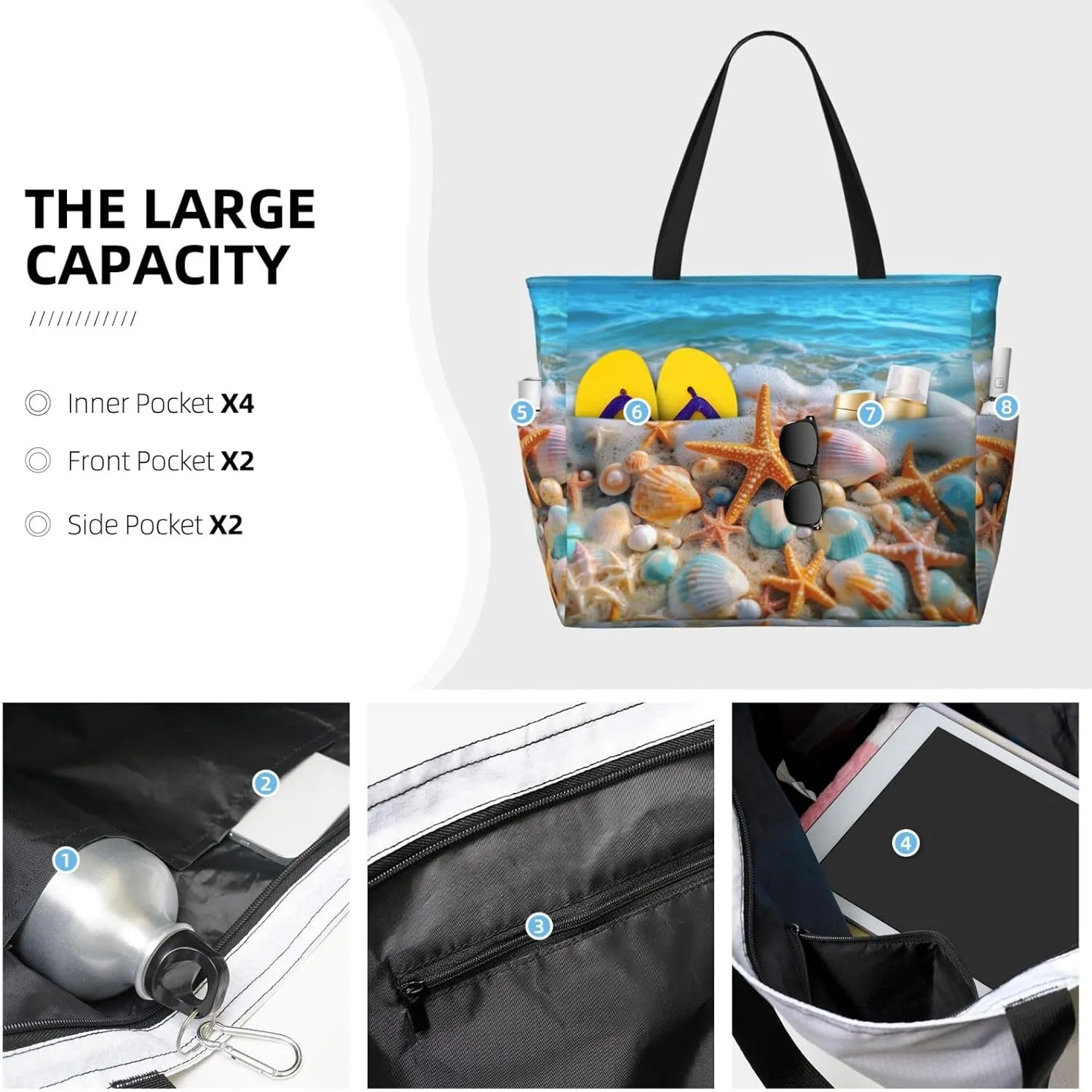 Beach Tote Bag for Women Foldable Waterproof and Sandproof Tote Bag with Zipper Print Beach Bag Large Travel Bag
