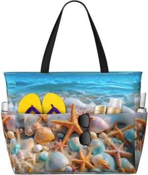 Beach Tote Bag for Women Foldable Waterproof and Sandproof Tote Bag with Zipper Print Beach Bag Large Travel Bag