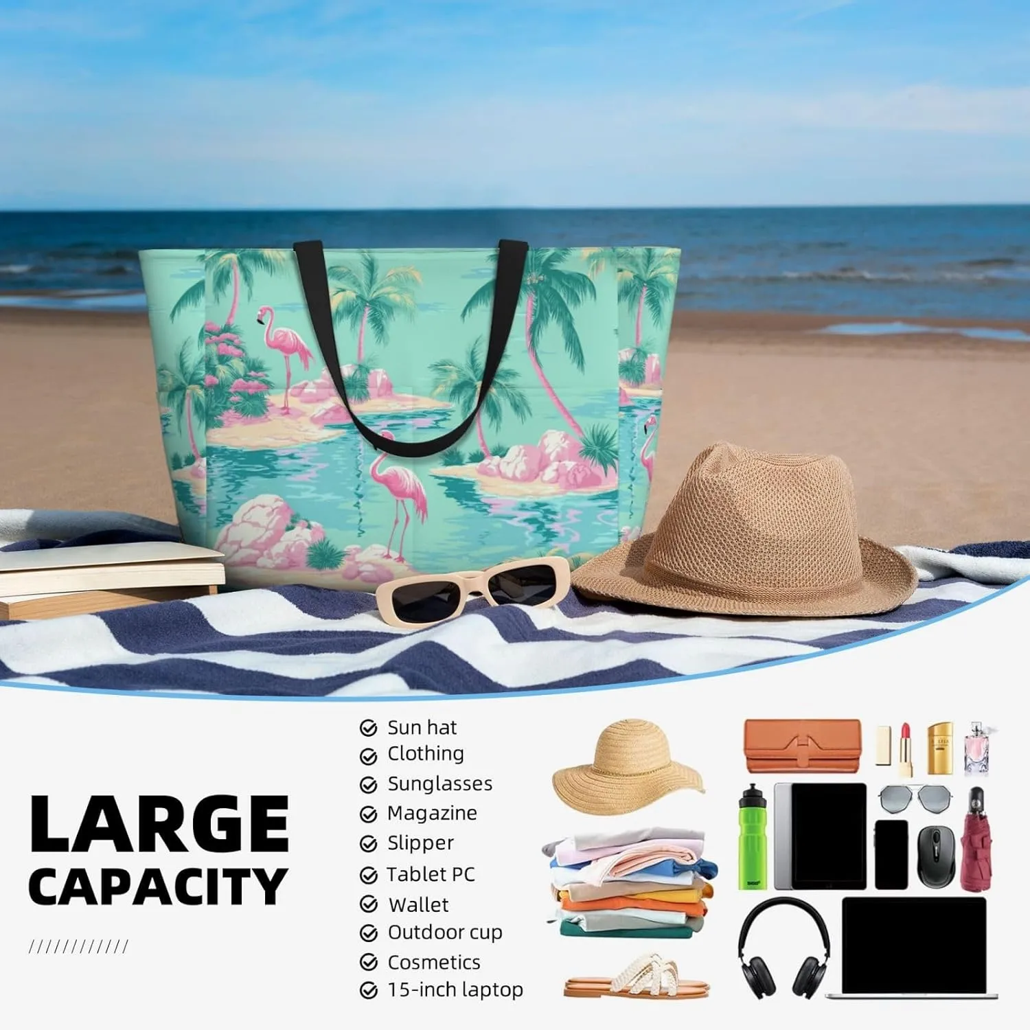 Beach Tote Bag for Women Foldable Waterproof and Sandproof Tote Bag with Zipper Print Beach Bag Large Travel Bag