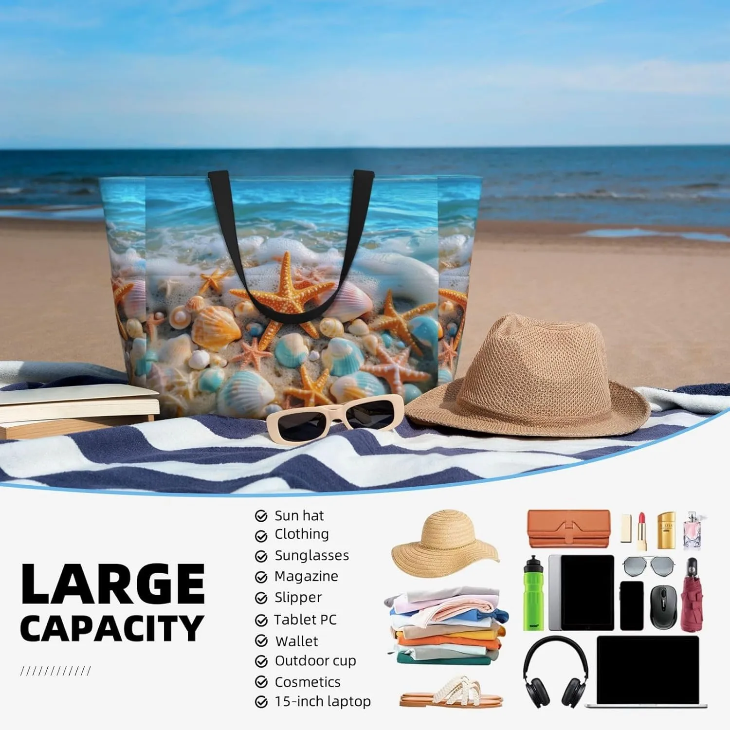 Beach Tote Bag for Women Foldable Waterproof and Sandproof Tote Bag with Zipper Print Beach Bag Large Travel Bag