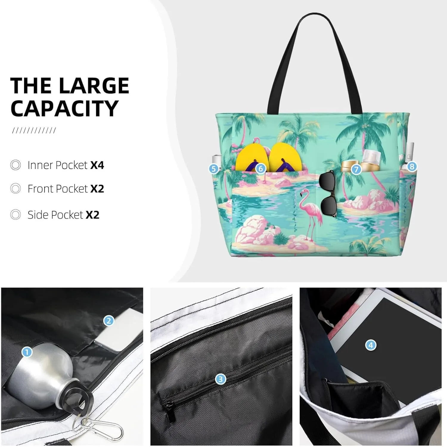 Beach Tote Bag for Women Foldable Waterproof and Sandproof Tote Bag with Zipper Print Beach Bag Large Travel Bag