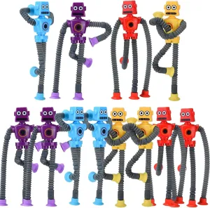 Bendable Robot Figures Toys 12 Pack Stretchy Telescopic Suction Cup Robots, Shape Changing Fidget Pop Tubes Sensory Toys for Girls and Boys Party Favors Christmas Xmas (12 Packs)