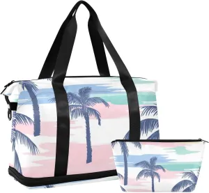 Boho Simple Style Island Coconut Tree Duffel Bags Sport Training Bag with Adjustable Strap for Business Trips Foldable