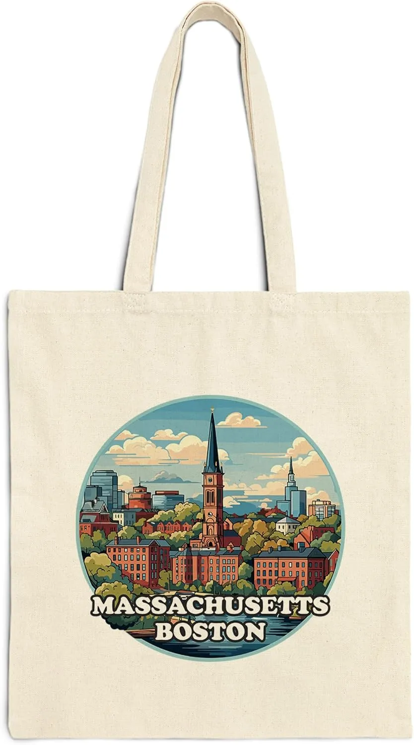 Boston Massachusetts Cotton Tote Bag for Women Men Casual Tote Bag Cloth Canvas Shopping Bags with Handles Cute Bags Everyday Use 15" x 16" Aesthetic Gift ID44997