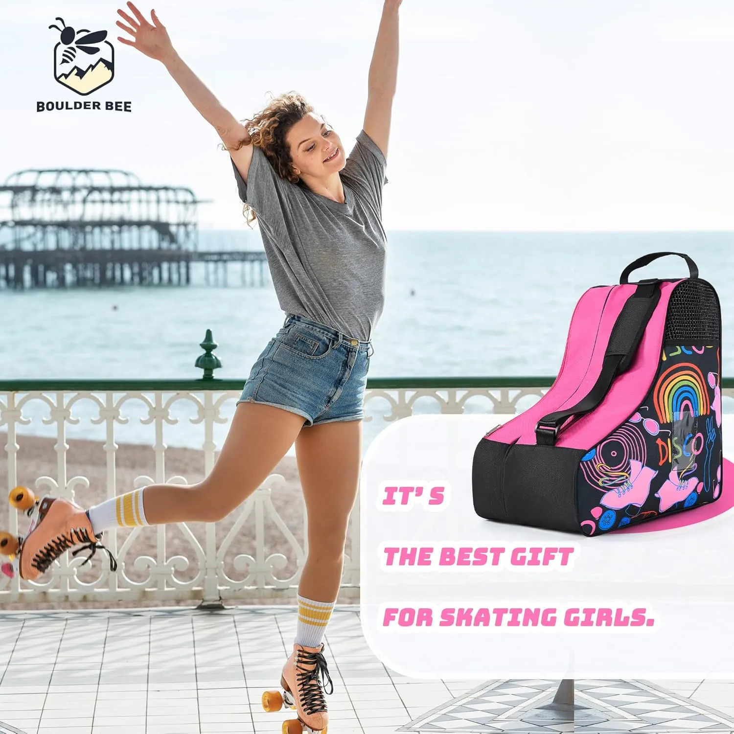Boulder Bee Roller Skate Bag, Ice Skate Bag for Women with Adjustable Shoulder Strap, Shoe Bag for Ice Skating/Inline Skates, for Both Kids and Adults