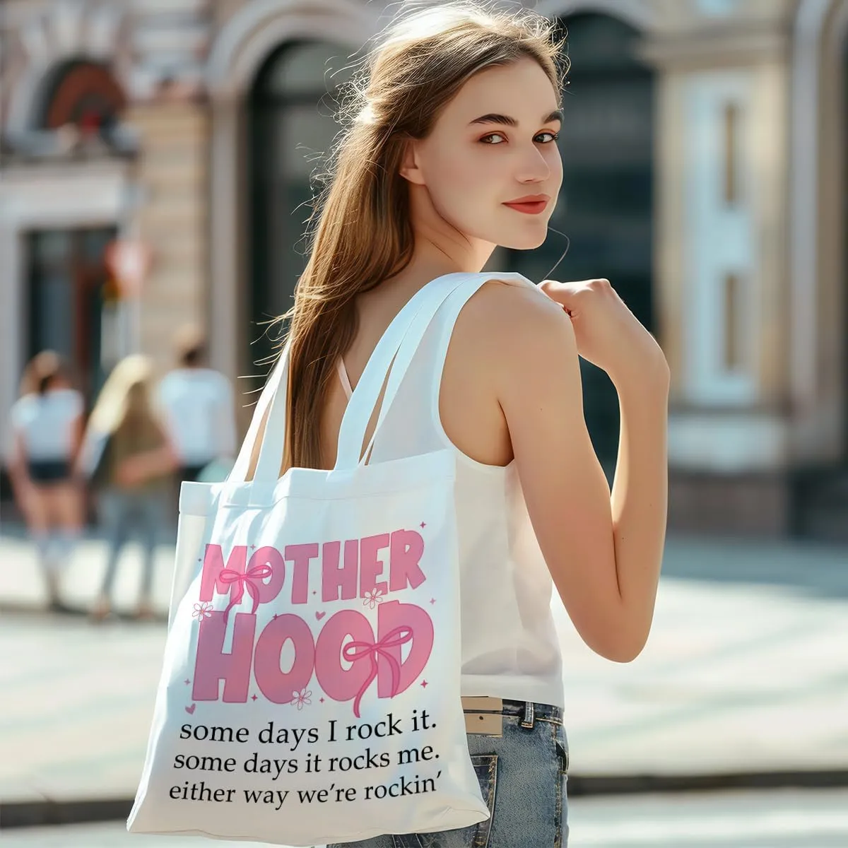 Bows Canvas Tote Bag Mom Gifts, Inspirational Christian Birthday Gift for Women Mama Mothers Day Reusable Grocery Bag
