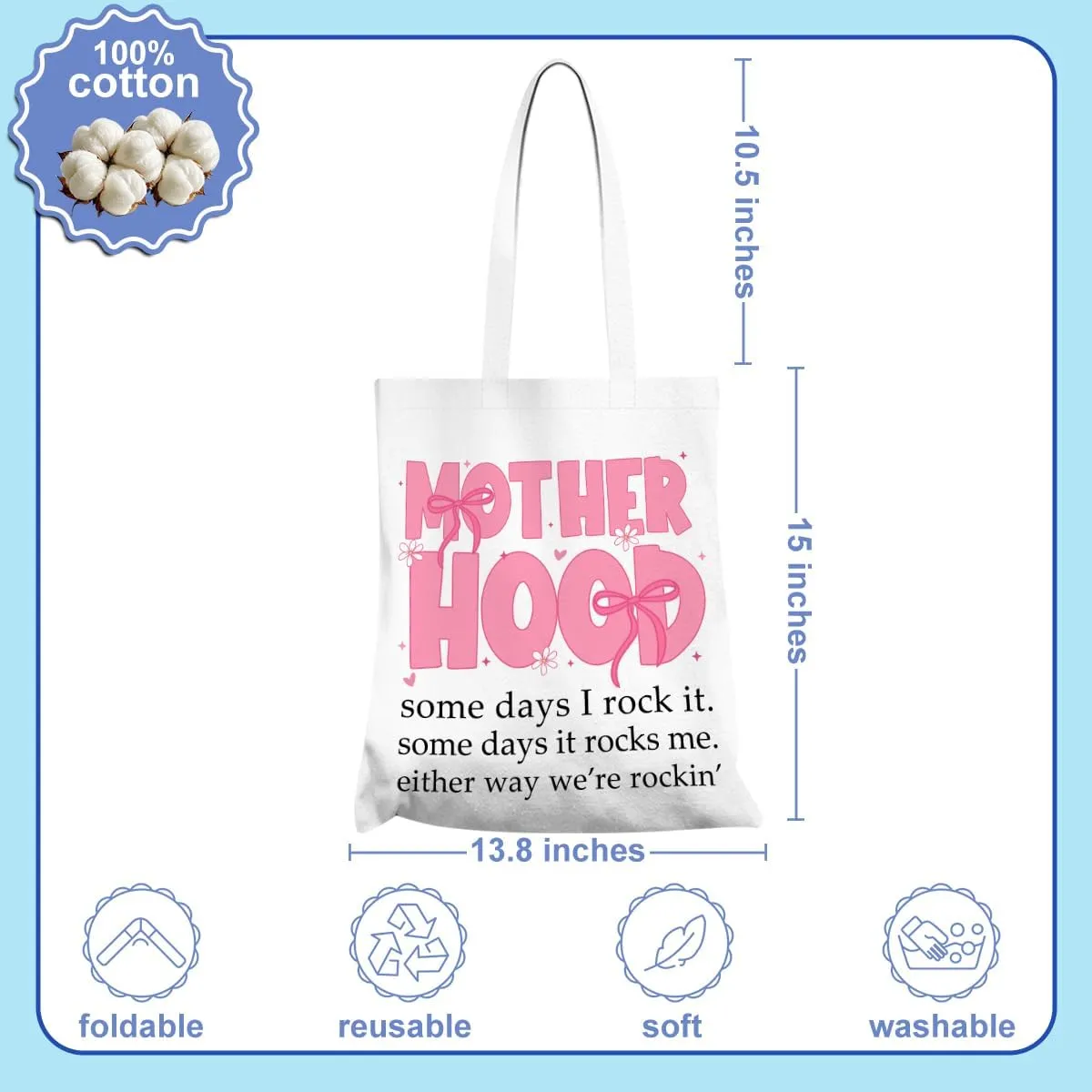 Bows Canvas Tote Bag Mom Gifts, Inspirational Christian Birthday Gift for Women Mama Mothers Day Reusable Grocery Bag