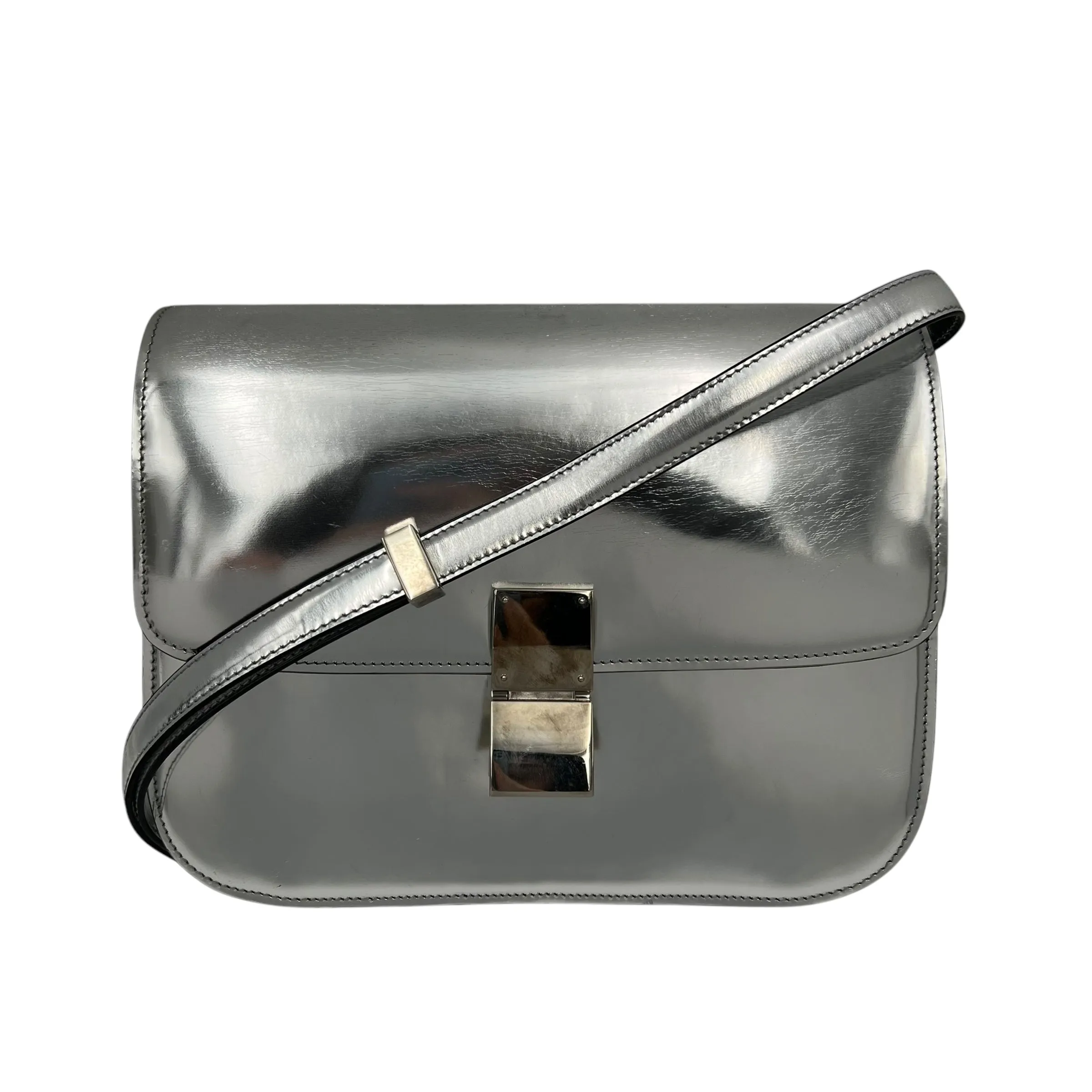 Box Medium Silver Shoulder Bag in Calfskin, Silver hardware