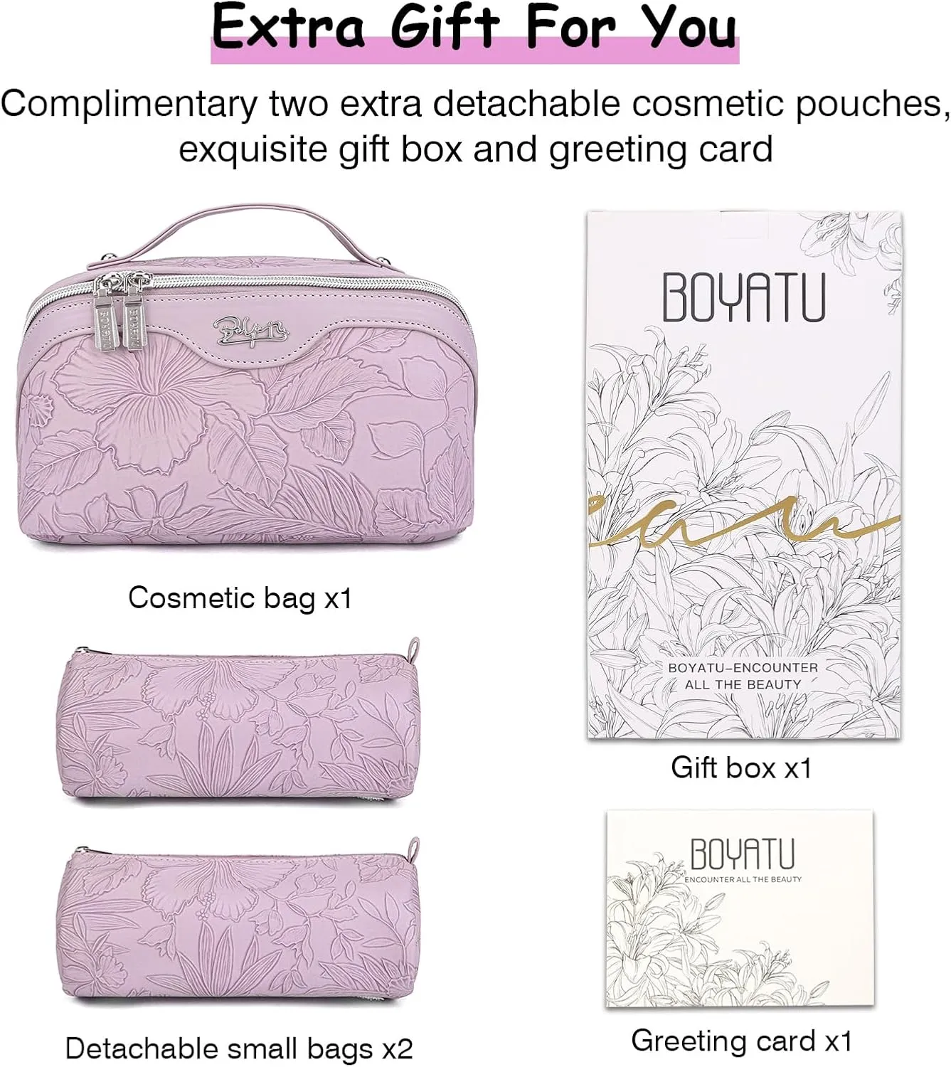 BOYATU Travel Makeup Bags Cosmetic Organizer Bag: 3-Set Large Capacity Make up Bag - PU Leather Toiletry Bags for Women - Wide Open Portable Pouch with Divider & Handle (01-Z-Light Purple)