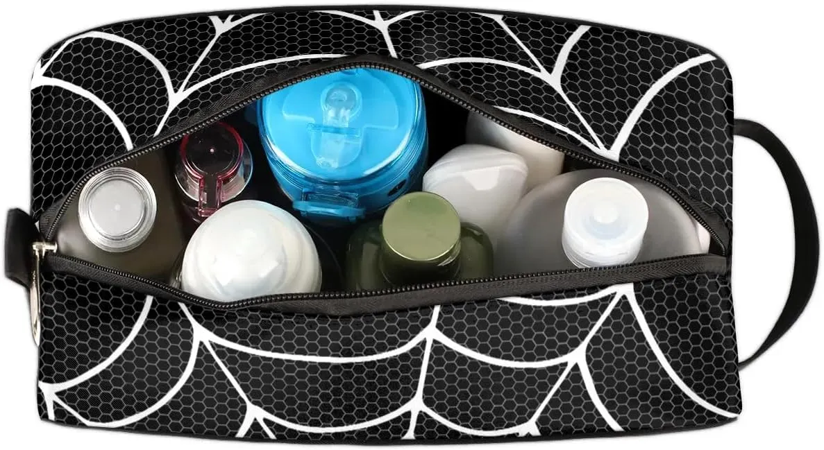Boys Travel Toiletry Bag, Black Web Kids Waterproof Hanging Dopp Kit, Wash Bag with Large Capacity for Travel, Sports, Shower