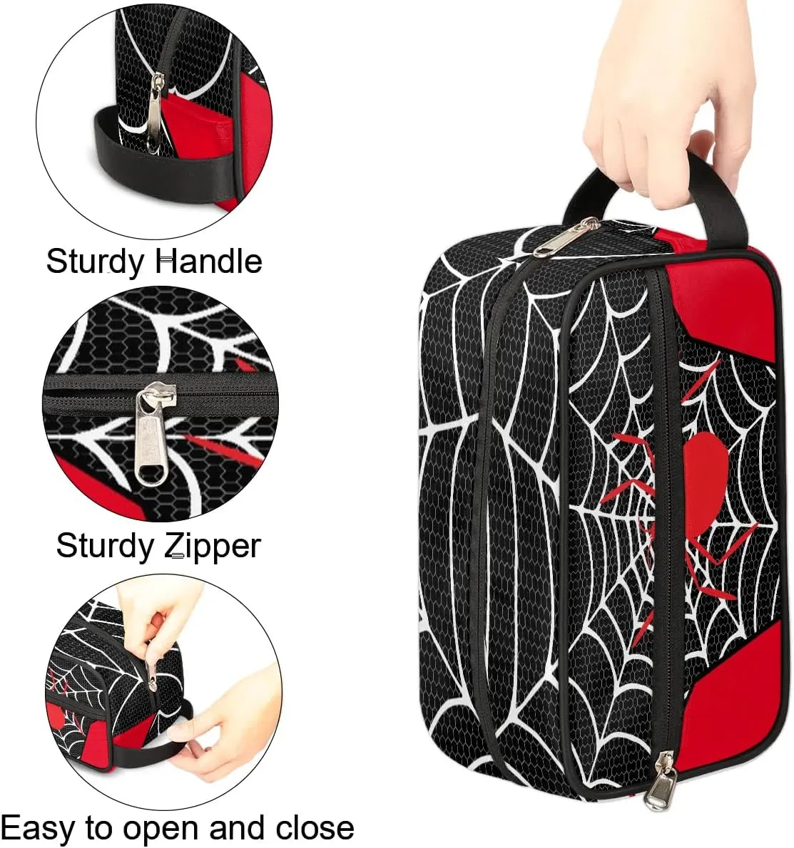 Boys Travel Toiletry Bag, Black Web Kids Waterproof Hanging Dopp Kit, Wash Bag with Large Capacity for Travel, Sports, Shower