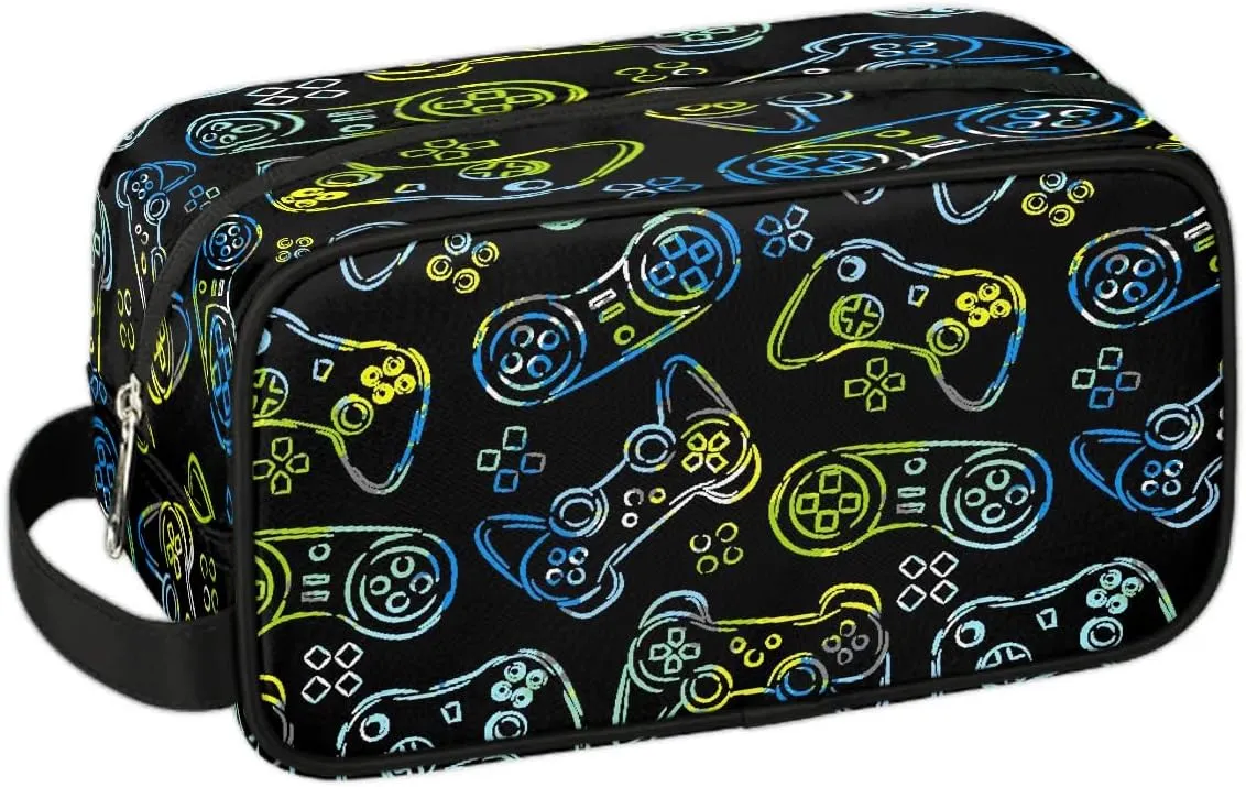 Boys Travel Toiletry Bag Blue Game Controller Kids Waterproof Hanging Dopp Kit, Wash Bag with Large Capacity for Travel, Sports, Shower