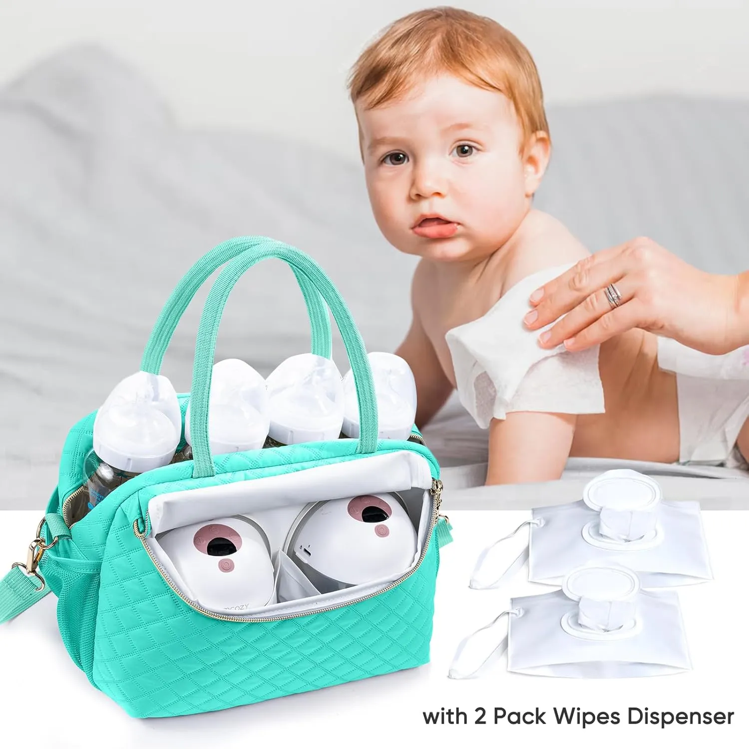 Breastmilk Cooler Travel Bag with 2pcs Wipes Dispensers and Ice Pack - Baby Bottle Cooler for 6 Bottles Up to 9 Ounce