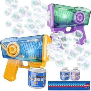 Bubble Gun 2 Packs for Kids, LED Automatic Bubble Machine with 2 Bottles &25 Bags Refill Solution, 12-Hole Bubble Maker Gift for Kids, Outdoor Game Toys for Boys&Girls