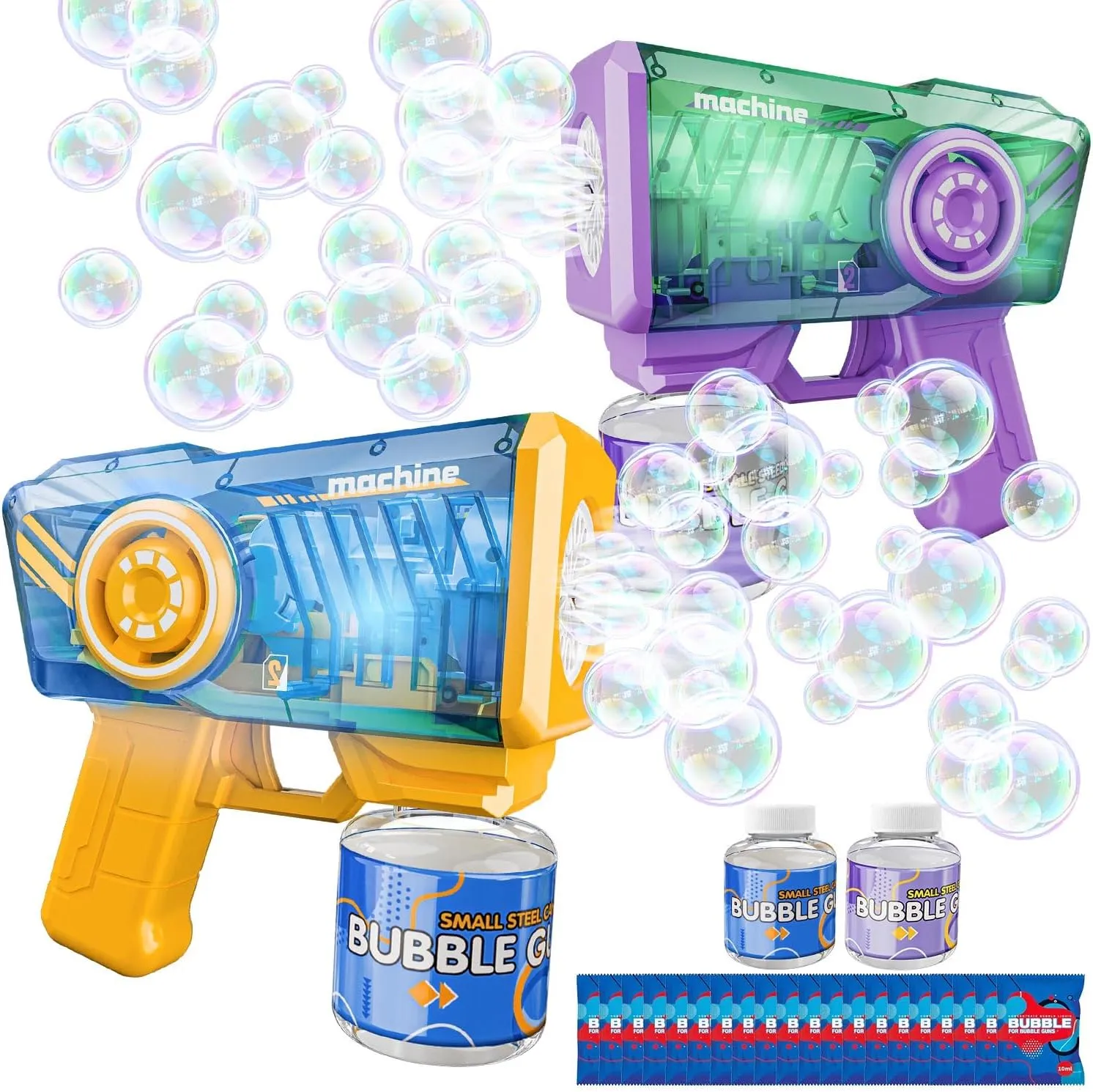 Bubble Gun 2 Packs for Kids, LED Automatic Bubble Machine with 2 Bottles &25 Bags Refill Solution, 12-Hole Bubble Maker Gift for Kids, Outdoor Game Toys for Boys&Girls
