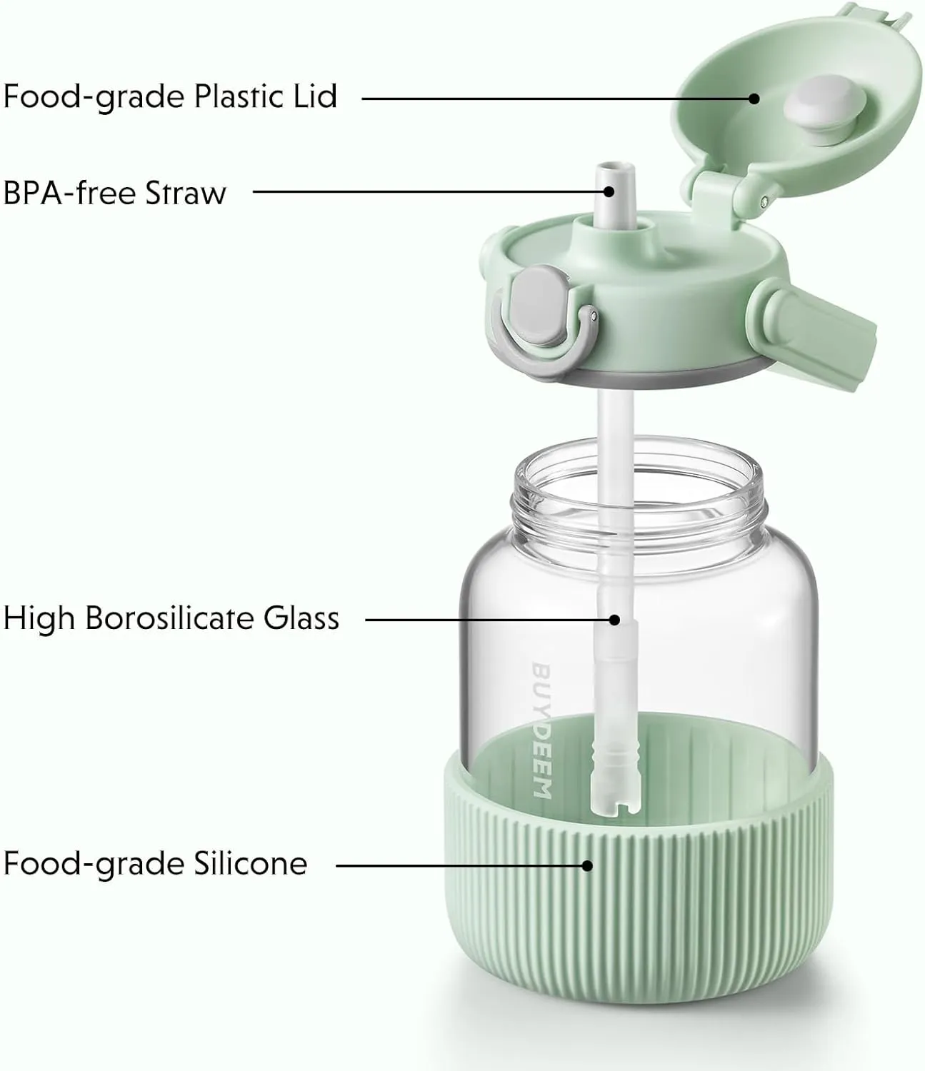 BUYDEEM DG78 Glass Water Bottle 27oz, Portable Water Tumbler with Straw, High Borosilicate Glass, Heat Resistance, Ideal for Travel Home Office, Cozy Greenish