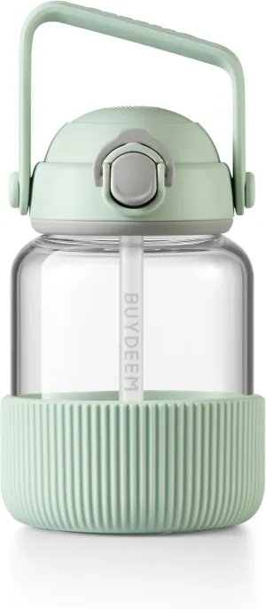 BUYDEEM DG78 Glass Water Bottle 27oz, Portable Water Tumbler with Straw, High Borosilicate Glass, Heat Resistance, Ideal for Travel Home Office, Cozy Greenish
