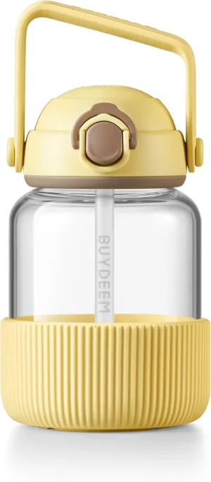 BUYDEEM DG78 Glass Water Bottle 27oz, Portable Water Tumbler with Straw, High Borosilicate Glass, Heat Resistance, Ideal for Travel Home Office, Mellow Yellow