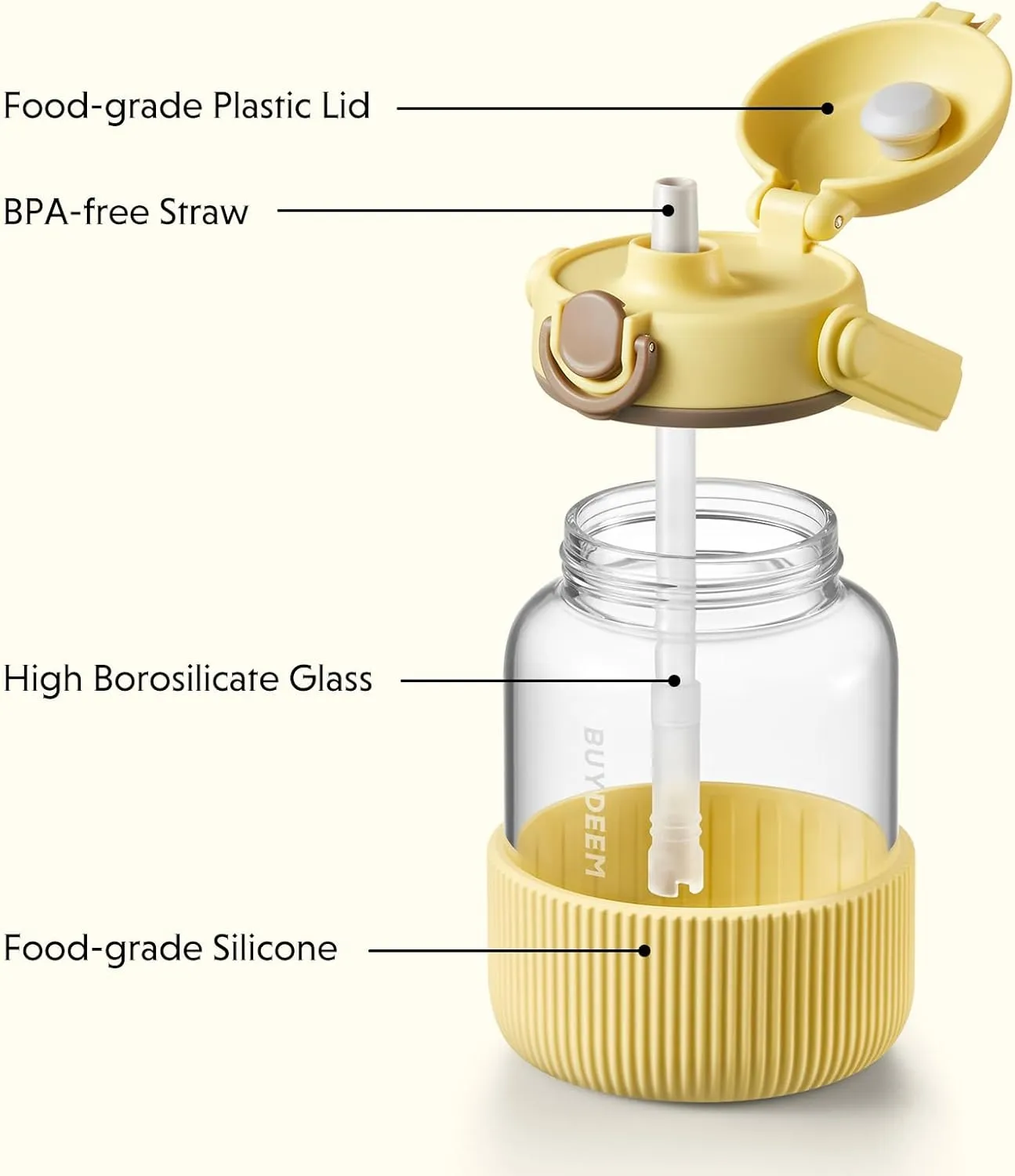 BUYDEEM DG78 Glass Water Bottle 27oz, Portable Water Tumbler with Straw, High Borosilicate Glass, Heat Resistance, Ideal for Travel Home Office, Mellow Yellow