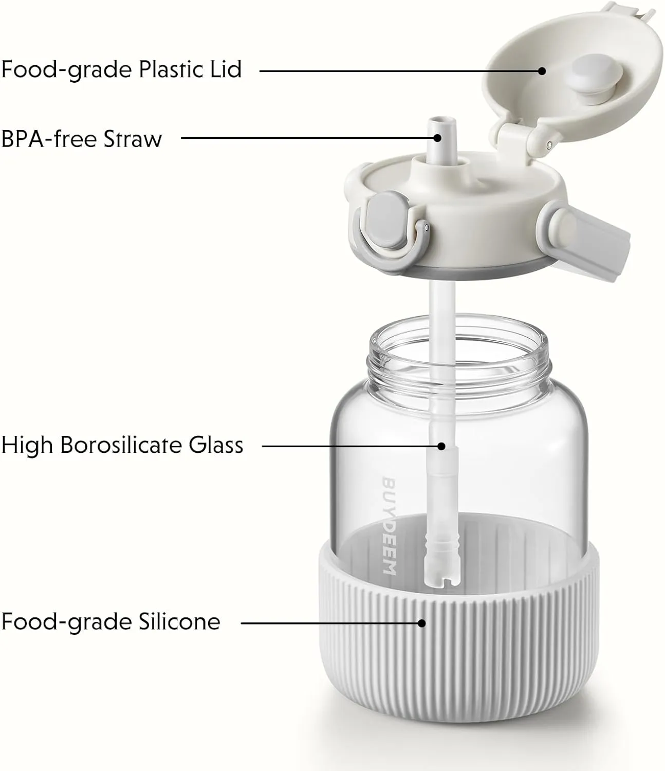 BUYDEEM DG78 Glass Water Bottle 27oz, Portable Water Tumbler with Straw, High Borosilicate Glass, Heat Resistance, Ideal for Travel Home Office, Oat White