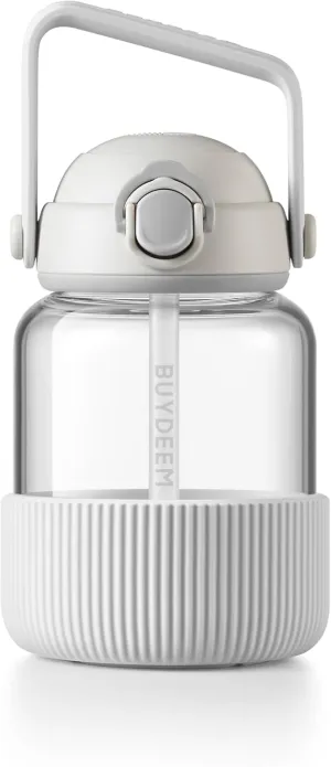 BUYDEEM DG78 Glass Water Bottle 27oz, Portable Water Tumbler with Straw, High Borosilicate Glass, Heat Resistance, Ideal for Travel Home Office, Oat White