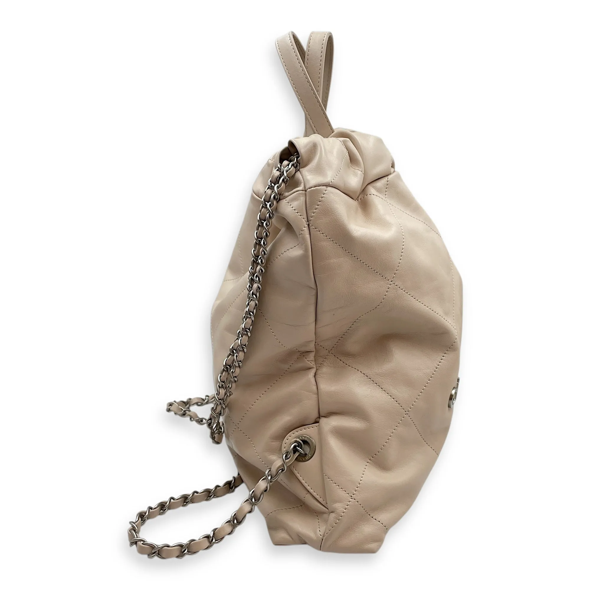 C22 Beige Backpack in Shiny Calfskin, Silver hardware