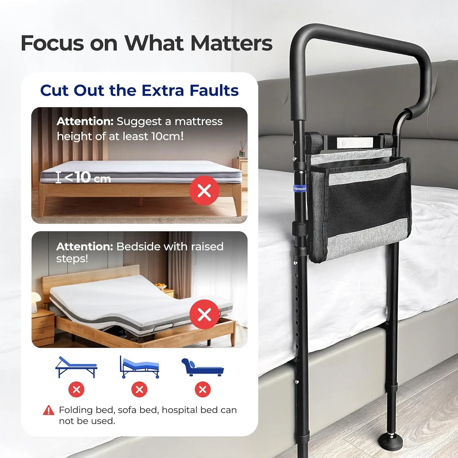 C3 Pro Bed Rails for Elderly Adults Safety with Extension Legs, Adjustable Heights BedCane with Non-Slip Ergonomic Handle, Stable BedAssist with Motion Light, Avoid Seniors Bedside Fall