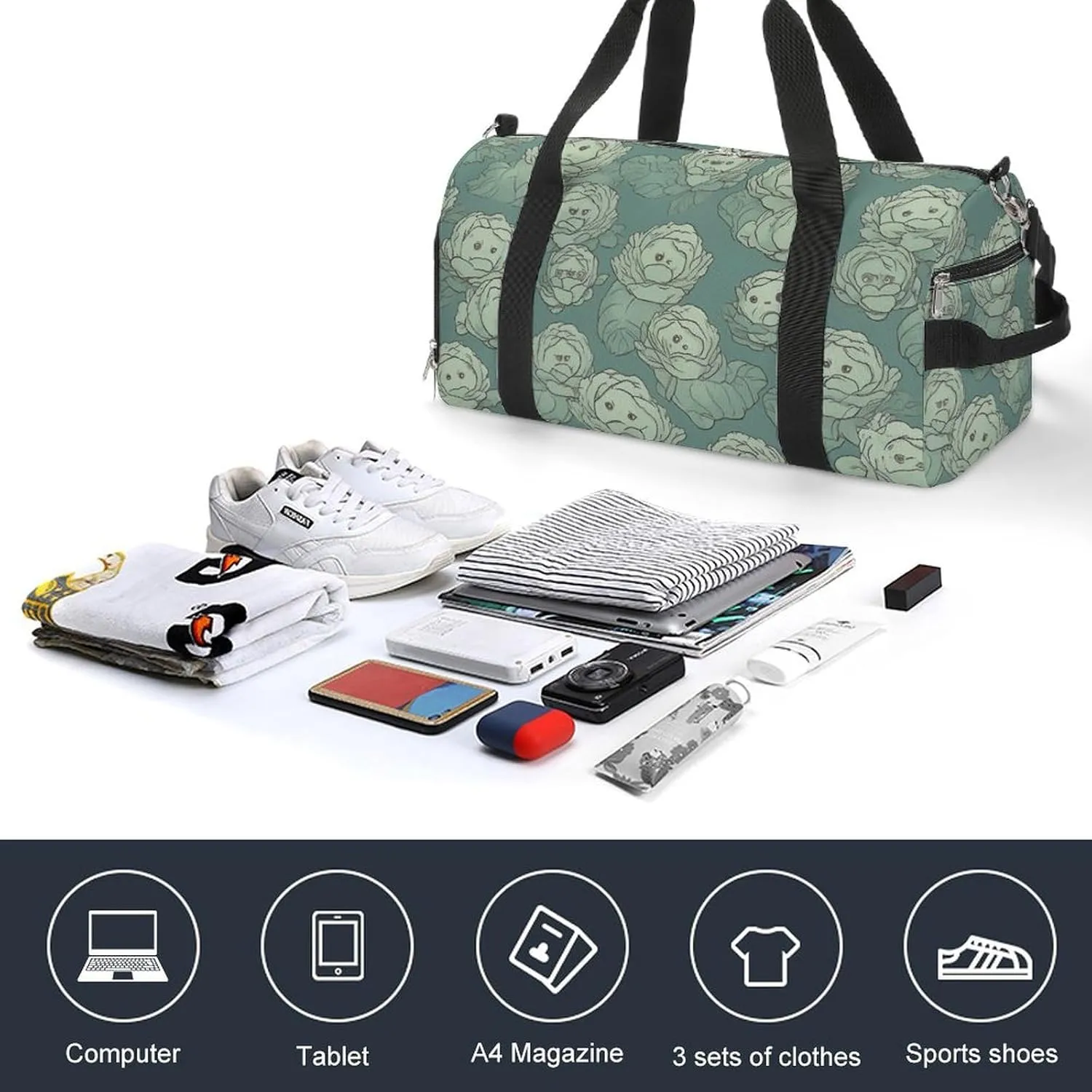 Cabbage Pattern Sports Gym Bag Carry on Holdalls for Men Small Duffel Bags for Women with Shoe Compartment