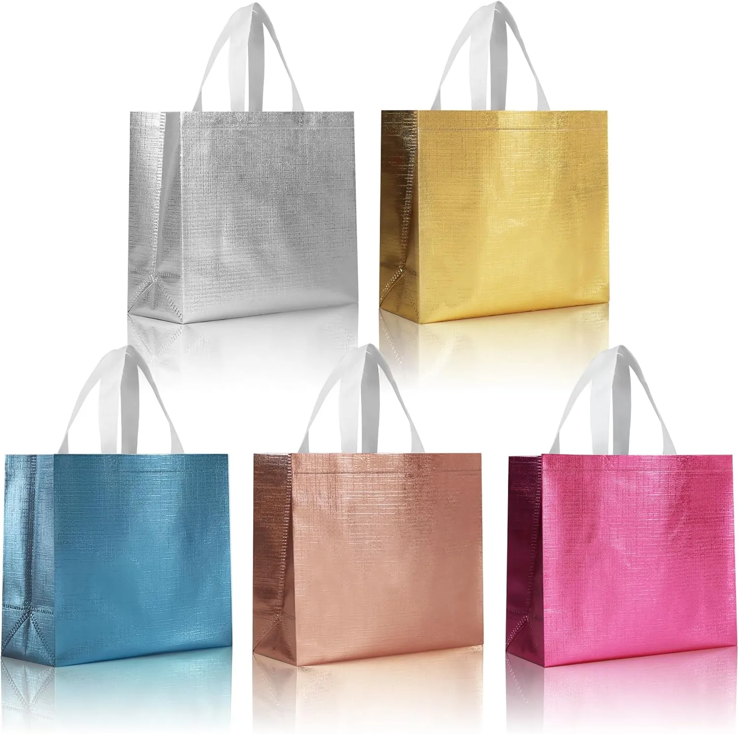 cabzymx 15 Pcs Multicolor Reusable Gift Bags Bulk with 5 Colors, 12.6x4.7x11 In Large Holiday Party Bags with Metallic Bling for Wrapping Gifts, Birthday, Wedding, Parties, Christmas