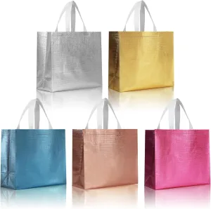 cabzymx 15 Pcs Multicolor Reusable Gift Bags Bulk with 5 Colors, 12.6x4.7x11 In Large Holiday Party Bags with Metallic Bling for Wrapping Gifts, Birthday, Wedding, Parties, Christmas