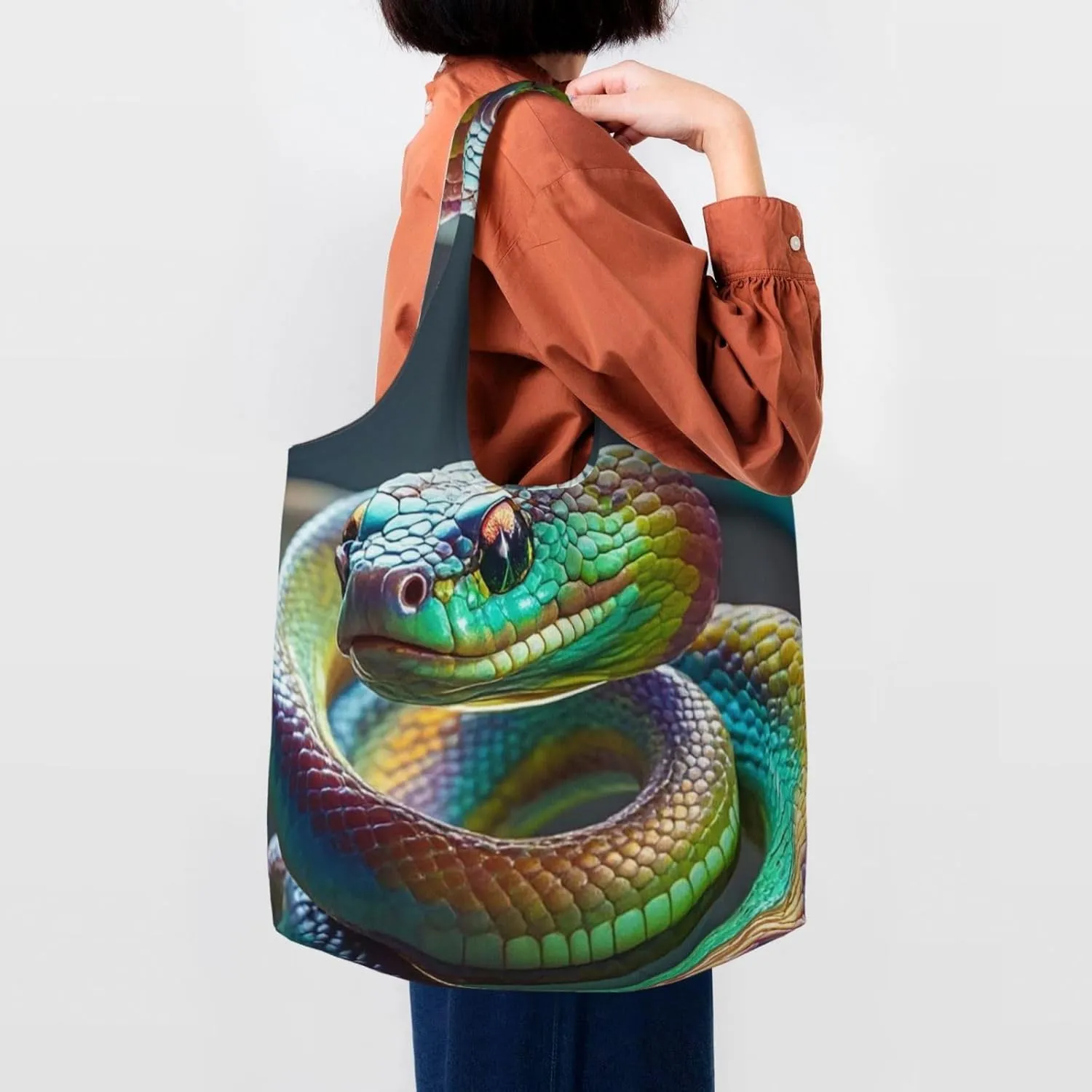 Canvas Tote Bag Lightweight Reusable Grocery Shopping Bag 3D Snake Handbag for Women Men