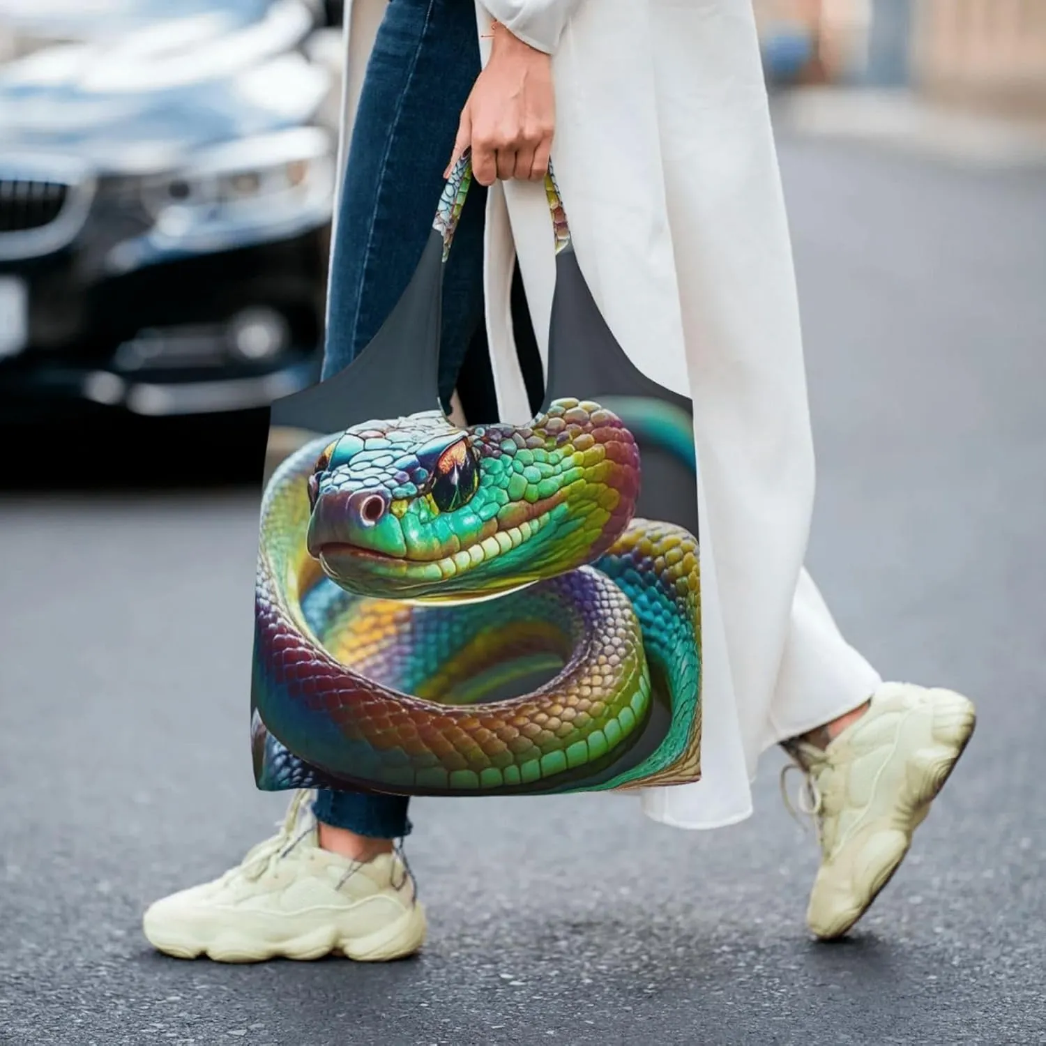Canvas Tote Bag Lightweight Reusable Grocery Shopping Bag 3D Snake Handbag for Women Men