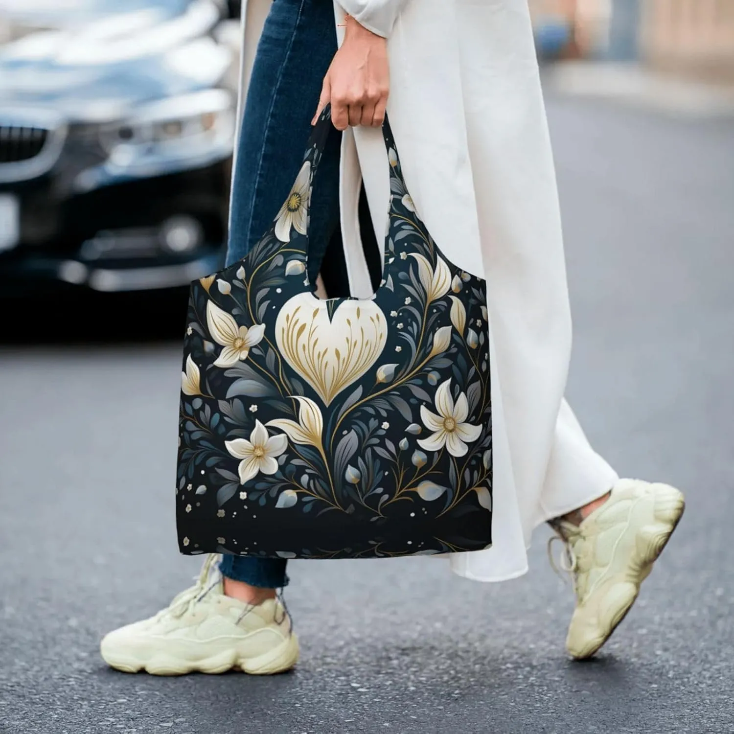 Canvas Tote Bag Lightweight Reusable Grocery Shopping Bag Yellow Flowers Handbag for Women Men