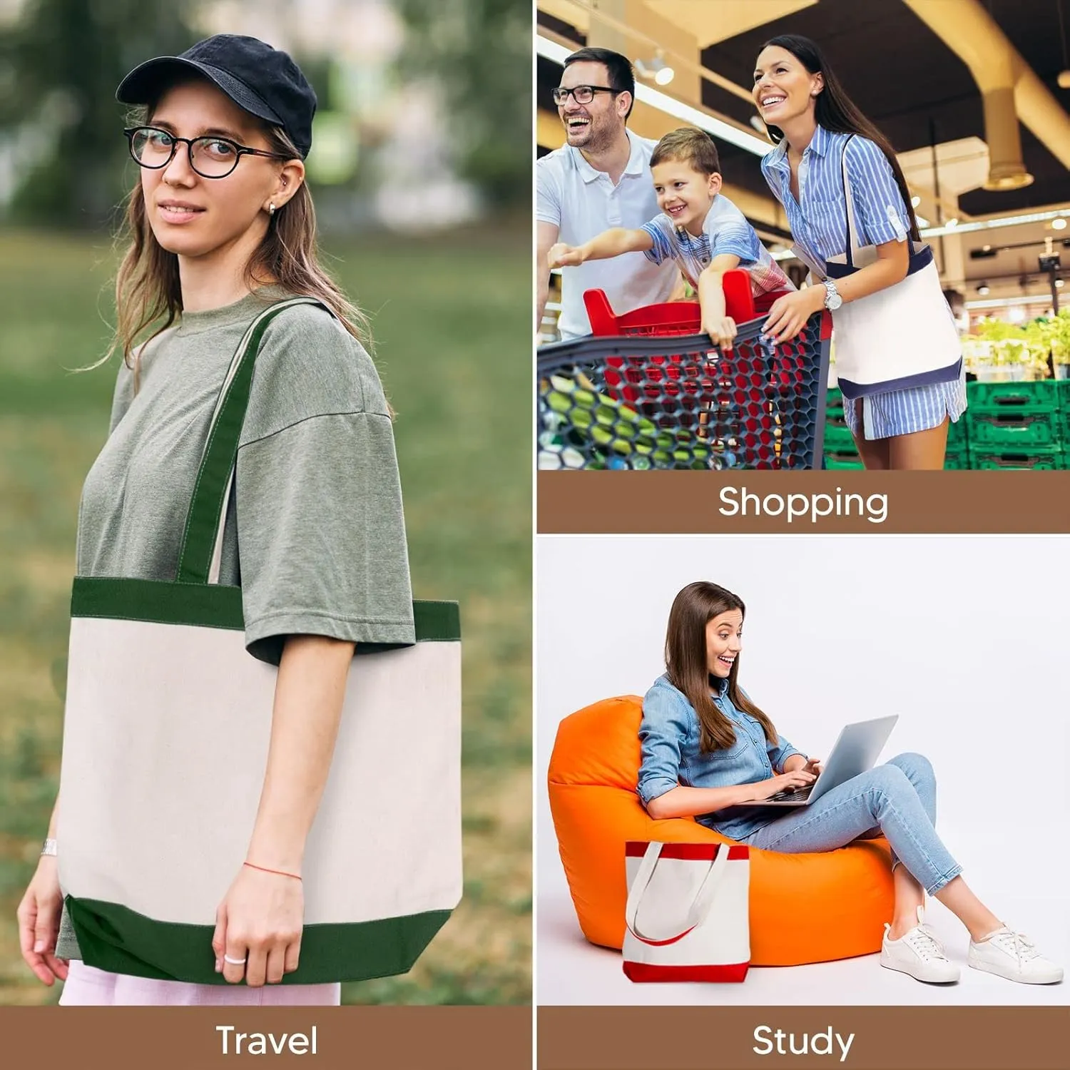 Canvas Tote Bag with Handles for Woman, Reusable Cloth Bag for Groceries and Shopping In Bulk - Blank Cotton Tote Bag, Suitable for DIY Projects HEAVY DUTY, 16"X14.5" With 4” Gusset, Green 4 Pack